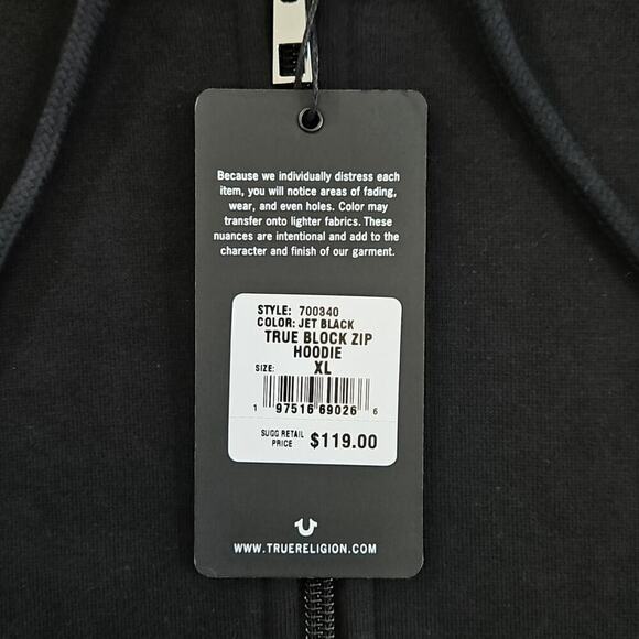 True Religion Full Zip Hoodie Men's XL NWT Black Long Sleeve Gold Sleeve - Picture 4 of 15